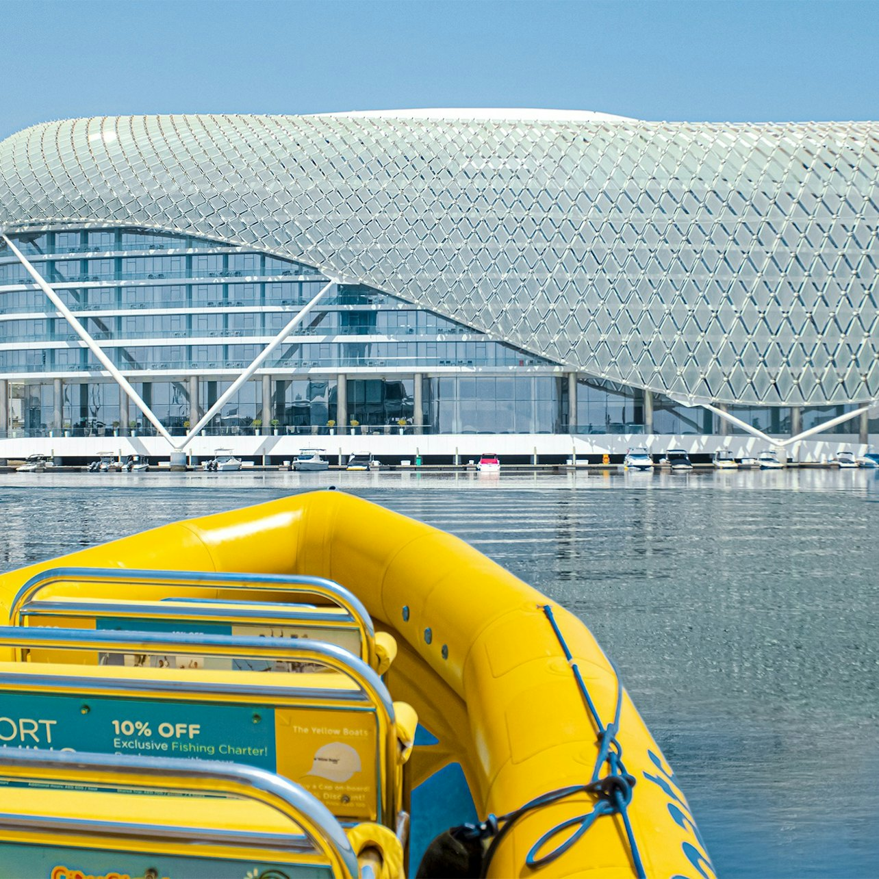 Cruise the serene waters of Abu Dhabi while taking in stunning views of the iconic Aldar HQ and surrounding landmarks on an amazing speedboat adventure.